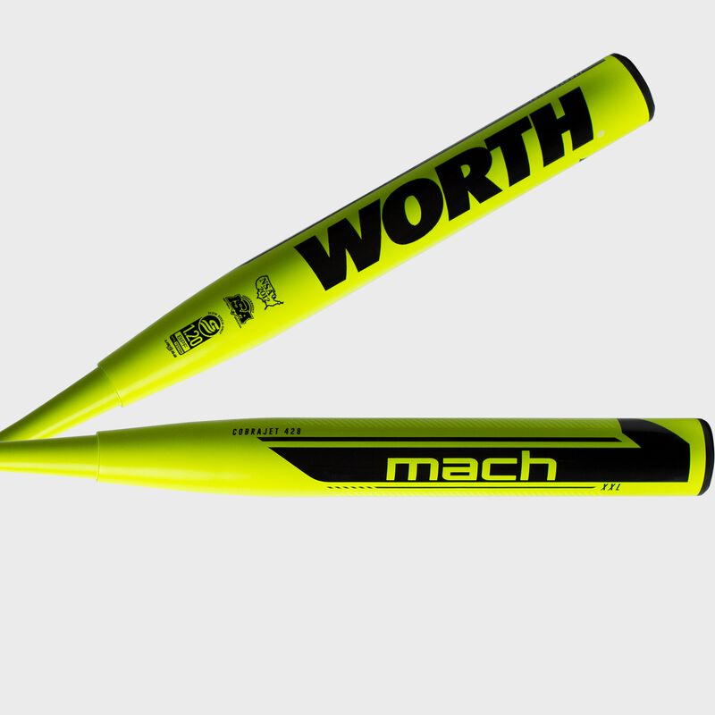 Two views of a 2021 Mach 1 Cobra Jet 428 XXL bat with a black Mach logo on one and Worth logo on the other - SKU: WM21MU loading=